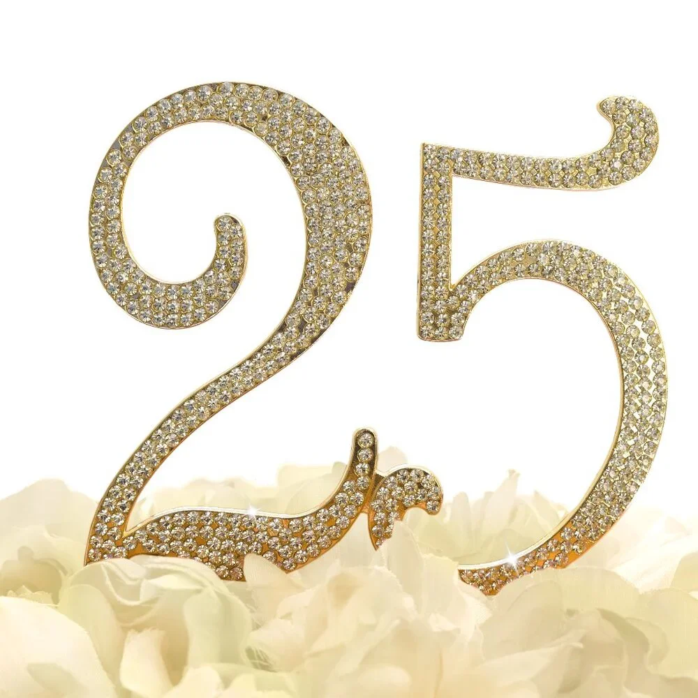 Rhinestone Cake Topper - Number 25- Gold Metal with Czech Rhinestone